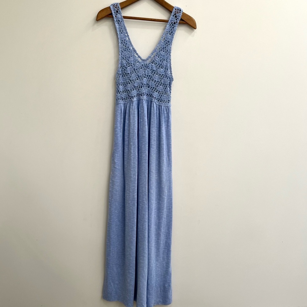 Aerie Crochet Maxi Dress Ocean Sky 100% Cotton Pockets Summer Pool Size Medium